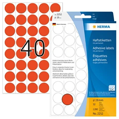 Bild av HERMA 2252 multifunktionsetiketter/runda färgade prickar (Ø 19 mm, 32 ark, papper, matt, perforerad) självhäftande, permanenta märkningspunkter för handskriven märkning, 1 280 klistermärken, röd