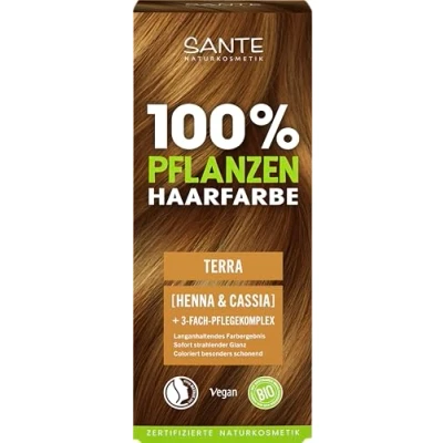 Bild av SANTE Naturkosmetik 100% växthårfärg, pulver 04 terra, vegansk hårfärgning med ekologisk henna &amp; cassia, långvarig färg, naturlig gråtäckning och glans, 3 vägs vårdkomplex, 100 g