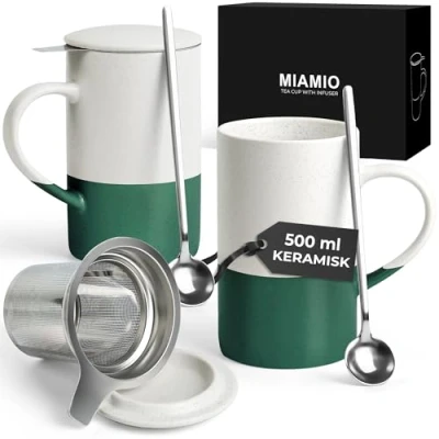 Bild av MIAMIO Tekoppsset 2 x 500 ml med infuser och lock/Keramisk tekopp sked för att brygga löste, presenter tedrickare Mikrovågs diskmaskinssäker (Mörkgrön)