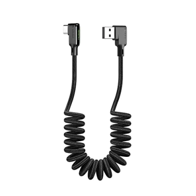 Bild av mcdodo 90 graders USB C kabel QC 4,0 3A LED spiralkabel töjbar till 1,5 m svart