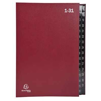Bild av Exacompta Ref 57035E Flerdelad mapp storlek 250 x 330 mm, lämplig för A4 dokument, 270 gsm återvunnet kartong, expanderbar rygg, 32 sektioner (märkta 1 31) Röd