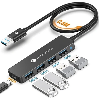 Bild av NOVOO USB C hubb 4 portar 3.0, dataöverföring 5 Gbit/s, adapter strömport V/2 A, 60 cm utökad kabel, för MacBook, bärbar dator, mobil hårddisk