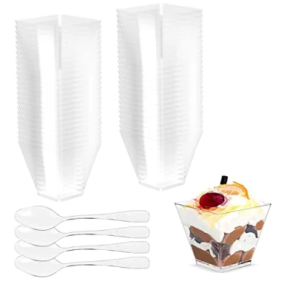Bild av Gvolatee 50 stycken 2 oz/60 ml dessertkoppar med plastskedar, koppar dessertskålar återanvändbara fyrkantiga genomskinliga för pudding, mousse, glass, födelsedag, bröllop