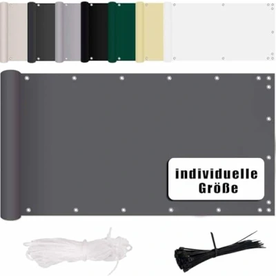 Bild av MENGH Balkongskydd, 100 x 300 cm, insynsskydd för balkong, vind och solskydd, med öljetter, buntband av nylon rep, trädgårdsstaket balkongräcken, grått