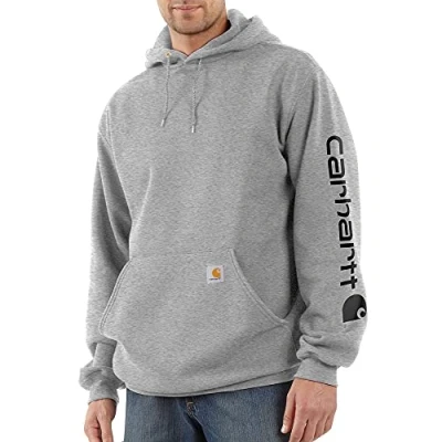 Bild av Carhartt Lös passform för män, medeltung logotyp ärm grafisk huvtröja sweatshirt, Grå melerat/svart, M