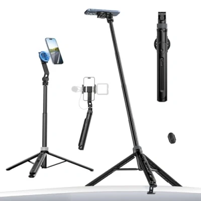 Bild av ULANZI Mobiltelefonstativ 145 cm, Magnetisk Selfie Stick med fjärrkontroll, Stativ för Smartphone 2 i 1 telefonklämma, Kallskofäste Kompatibel iPhone/Samsung (Svart)