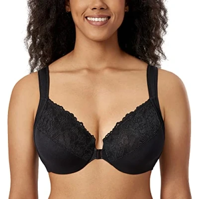 Bild av DELIMIRA Kvinnors BH med främre stängning Wired Lace Stora bröst Mjuka Full koppar Ofoder Svart 90G