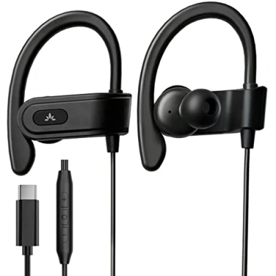 Bild av Avantree C171 USB C trådbundna mikrofonhörlurar, för sport och löpning, med krokar, in ear volymkontroll, kompatibla Samsung Galaxy, Android andra smartphones typ kontakt