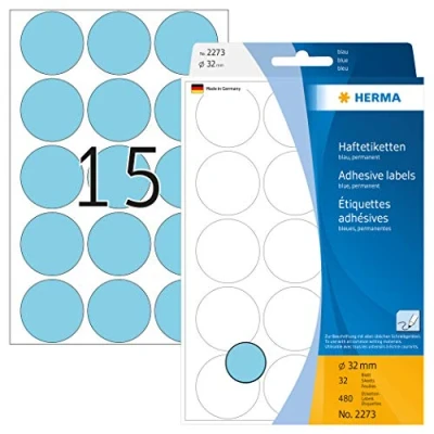 Bild av HERMA 2273 multifunktionsetiketter/runda färgade prickar (Ø 32 mm, ark, papper, matt) självhäftande, permanenta märkningspunkter för handskriven märkning, 480 klistermärken, blå
