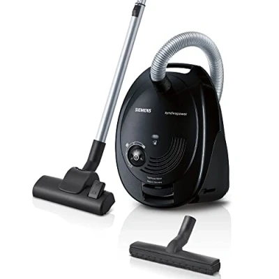 Bild av Siemens Dammsugare med påse Synchropower VS06A212, golvdammsugare, hygienfilter, golvmunstycke för parkett, matta, kakel, stark sugkraft, lång kabel, fogmunstycke, 600 W, svart