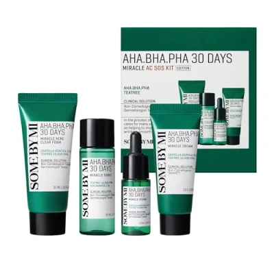 Bild av SOME BY MI AHA BHA PHA 30Days Miracle AC SOS Kit Toner1.01Oz,Serum0.33Oz,Cream0.7Oz,Skum 1.01Oz Mild Exfoliating Daily Skin Care Set Wastes, Sebum, Oljevård Koreansk hudvård