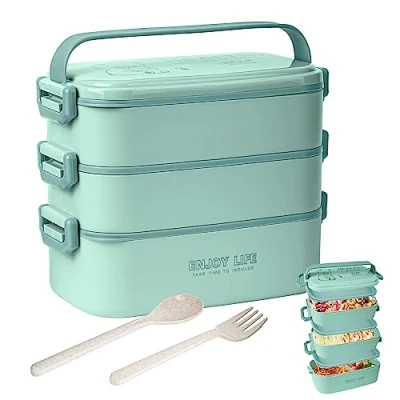 Bild av 2 700 ml Bento låda med 3 lager gaffel och sked, 4 i 1 lunchlåda för vuxna, måltidsförberedelsebehållare matförvaringslåda män kvinnor student skola kontor, mikrovågsugn diskmaskinsäker tillgänglig sjöblå)