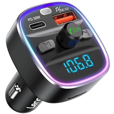 Bild av LENCENT Bluetooth V5.4 FM Sändare för Bil, 48W Snabb Laddning Car Trådlös med PD 30W + QC3.0 18W Billaddare, Handsfree Samtal, 360 HiFi bass, Bilradioadapter, Support USB Drive &amp; TF Card