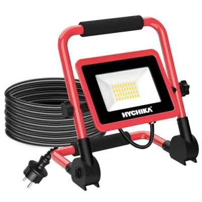 Bild av HYCHIKA LED byggspotlight 30 W, byggarbetsplatser strålkastare 3500 LM 6500 K kallvit, IP65 vattentät, bärbar arbetsbelysning, arbetsbelysning (ersätter 100 W x 2) med 2 m strömkabel och kontakt