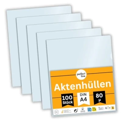 Bild av perfect line 100 plastmappar A4, plastfickor för A4 papper, genomskinliga plastfickor, DIN mappar, transparent, kristallklara, dokumentsäker, made in EU