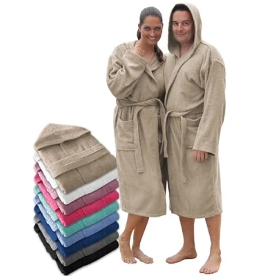 Bild av LEBENGOOD Badrock med huva för kvinnor och män, 100 % bomull, frotté, 400 g, bälte, fickor, dusch, mjuk badrock, handduk, sand, XL