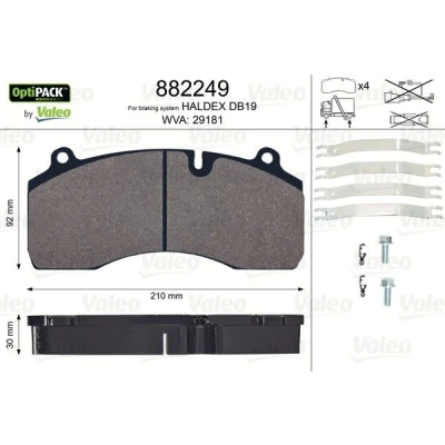 Bild av VALEO 882249 Jeu de plaquettes frein OPTIPACK contact signal d&#039;usure exclu avec kit vis fixation RENAULT TRUCKS: Midlum