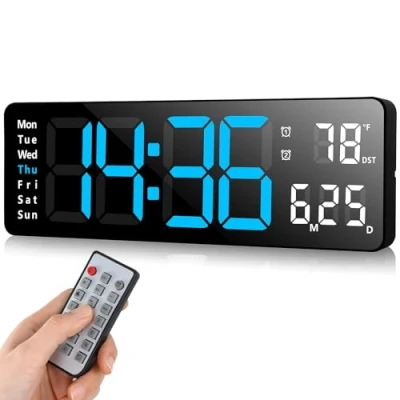 Bild av Fuloon Digital väggklocka, USB väggklocka med 13 tum stor skärm, LED digitalklocka fjärrkontroll, timer och nedräkning, datum, vecka, temperatur, väckarklocka för hem, sovrum, kontor gym