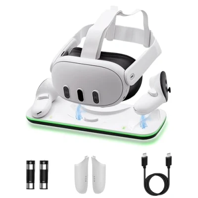 Bild av Mcbazel Controller Charging Dock för Quest 3, VR laddningsstation med LED ljus laddningsdisplay stativ 2 x 600 mAh uppladdningsbara batterier, typ C laddningskabel vit