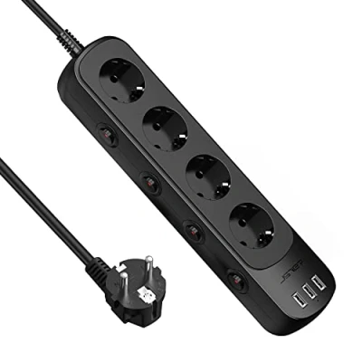 Bild av JSVER Överspänningsskydd Grenuttag med 4 Uttag och 3 USB portar, 2M Förlängningskabel Individuell Strömbrytare, för Smartphone, Surfplatta Svart