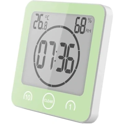 Bild av VORRINC Duschklocka, vattentät, badrumsklocka, digital, klocka, timer, med sugkopp, termometer, hygrometer, nedräkningstimer (grön)