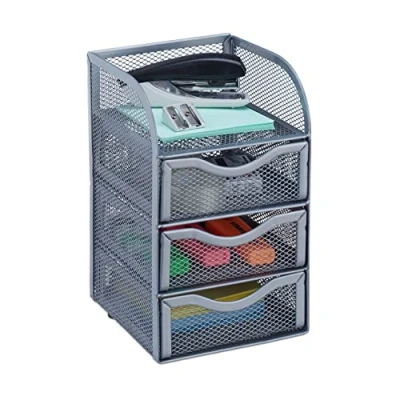 Bild av Relaxdays Skrivbordsförvaring, kontorsfack av metallnät, förvaringsbox för kontorsmaterial, H x B D: 21 12,5 13 cm, silver
