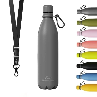 Bild av Daikoku Stainless Steel Bottle + justerbar rem karbinhake, BPA Free Double Walled Thermos, återanvändbar vattenflaska, lufttät lock, färg grå, kapacitet 750 ML