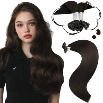 Bild av Moresoo Extensions äkta hår Bondings brun Remy Nail Tip 1 g Hot Fusion Keratin U slätt människohår mörkaste #2 50 40 cm