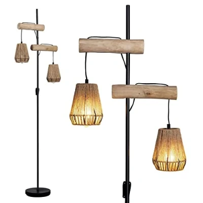 Bild av golvlampa trä boho 2 lampskärm rotting bondgård med på/av indenpental strömbrytare, rustik rottingskärm, höga golvlampor för vardagsrum sovrum kontor