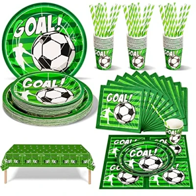Bild av Nkaiso 126 Stycken Festporslin Fotboll Partytillbehör Papperstallrik, återanvändbara Pappersservis set inklusive bordsduk tallrik bägare servetter för barns födelsedagskalas fester årsdag 25 gäster