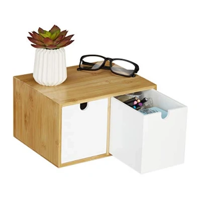Bild av Relaxdays Skrivbordsorganisatör, 2 lådor, bambu &amp; MDF, förvaringslåda kontor, H x B D: 14,5 24,5 20 cm, vit, 1 styck