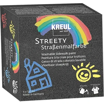 Bild av KREUL 43100 streety färgset, 4 färger på 120 ml vardera, tvättbar flytande krita för målning med pensel eller skoter, vägfärgkrita, vegansk, dermatologiskt testad,