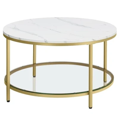 Bild av VASAGLE Soffbord, vardagsrumsbord, aperitifsoffbord, marmorlook, härdat glasstativ, lätt att montera, för vardagsrum, modern stil, marmorvit och guldmetall, LCT071W59