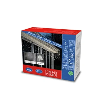 Bild av Konstsmide LED isregn ljusgardin, med ljussensor och 6 h 9 timer, frostad, 80 varma vita dioder, batteridriven, utomhus (IP44), vit kabel 3739 132
