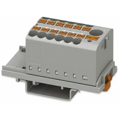 Bild av PHOENIX CONTACT PTFIX 6/12X2,5 NS35 GY distributionsblock, block med vertikal justering och integrerad inmatning, 690 V, 24 A, antal anslutningar 13, tvärsnitt 0,14 mm²