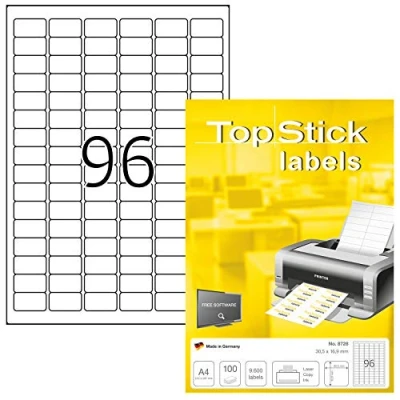 Bild av TopStick 8728 universella etiketter A4 mini (30,5 x 16,9 mm, 100 ark, papper, matt) självhäftande, utskrivbara, permanenta adressetiketter, 9 600 klistermärken, vit