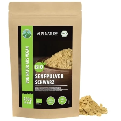 Bild av ekologisk senapspulver svartbrun (250 g), senapsmjöl svart, senapskorn malda från kontrollerad odling, 100 % naturlig, senapsfrön ekologiskt