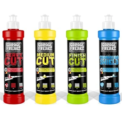 Bild av Garage Freaks bilpolering, komplett set: Heavy Cut slippolish, 250 ml + medelskuren, hologramborttagare, finishskuren, högglanspolering, Protection Carnauba Shield vaxtätning