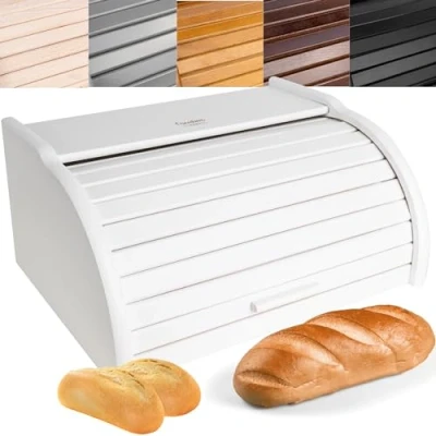 Bild av Creative Home Trä Vit Brödkorg 38 x 28,5 17,5 cm (+/ 1 cm) Naturligt Bokträ Behållare med Rulltopp Brödlåda för Varje Kök Perfekt Torrfoder
