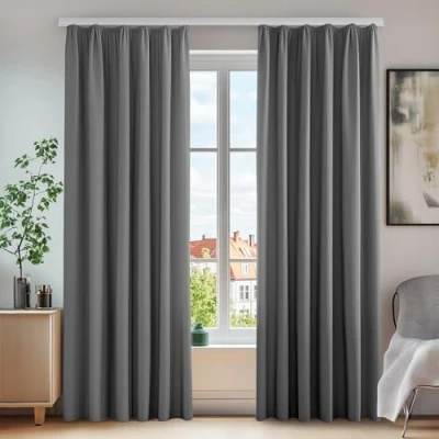 Bild av Deconovo Set med 2 gardiner vardagsrum balkong modern design mörkläggning termisk anti kyla rynkelgardin flickrum barnrum dörrkontor 140 x 200 cm ljusgrå