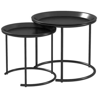 Bild av HOMCOM Set med 2 runda utdragbara soffbord, vardagsrumsbord, stålram, avtagbara brickor, industriell stil, Ø 43 och 35 cm, svart