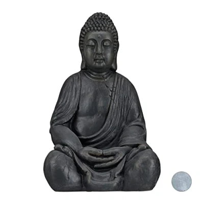 Bild av Relaxdays XL Buddha figur sittande, 50 cm hög, Feng Shui, utomhus, trädgård dekorativ figur, stor Zen Buddhastaty, mörkgrå