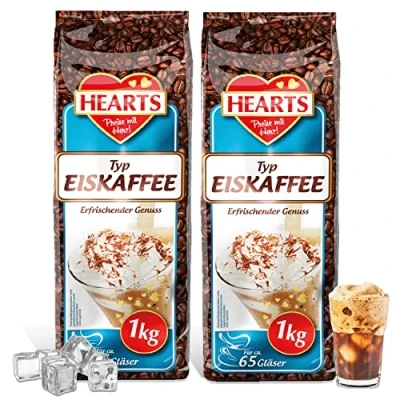Bild av HEARTS Iskaffe 2 x 1 kg, 65 koppar per påse, värdepaket, iskaffe, uppfriskande njutning, sommardryck, omedelbar kaffe, koffeininnehållande, snabb tillagning, kall dryck, lösligt bönkaffe