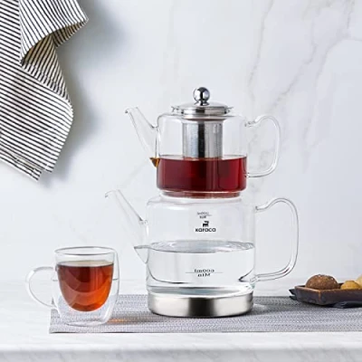 Bild av Karaca Dora glas tekanna XL, 1 000 ml tekanna, 2 vattenkanna, lämplig för gas och elkokningssystem, tekokare, caydanlik set, teapot