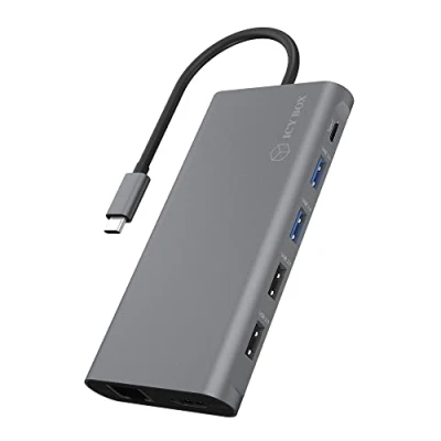 Bild av ICY BOX USB C Dock med 2 HDMI, 1 DP 1,4, 100 W Power Delivery, 3,0, kortläsare, LAN, aluminium