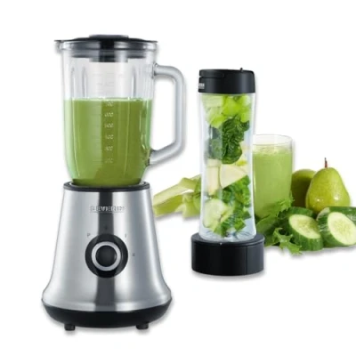 Bild av SEVERIN Multimixer, 2 i 1 stativmixer och smoothie maker med l glasblandningsskål drickkopp, köksmixer inställningar pulsfunktion, 500 W, rostfritt stål/svart, SM 3737