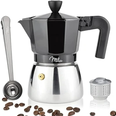 Bild av Milu Espressobryggare lämplig för induktion 3, 6, 9 koppar aluminium mockakanna, espressokanna, set i rostfritt stål, espressobryggarset inkl. sked, borste (svart, 3 (150 ml)