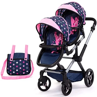 Bild av Bayer Design 26716AA Tvillingdockvagn Twin Xeo, justerbart handtag, väskan, blå, rosa, stjärnor