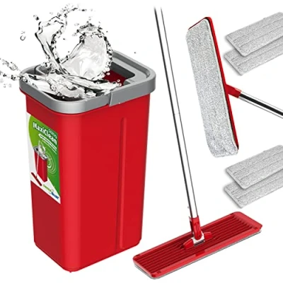 Bild av Green Blue GB870 MaxiClean Platt Moppset Med 2 i 1 Rengöringshink 5,7L Golvtorkare mopp Rengöringssystem Renare 360 Roterande Mopphuvud (Platt och hink set + 4 x reservskydd)