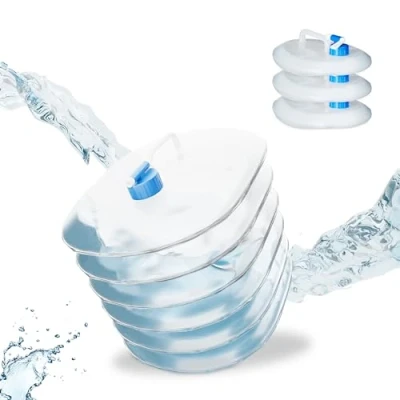 Bild av Relaxdays vikbar vattendunk, set om 4, 5 l, behållare med kran och bärhandtag, BPA fri, transparent/blå